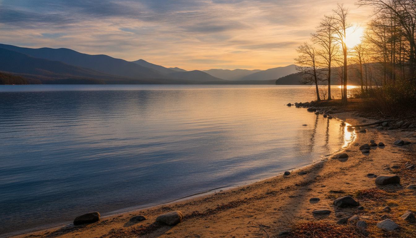 Serene North Carolina lake at golden hour with warm light on calm water