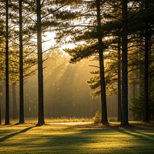 Soft focused NC landscape with morning mist over pine trees